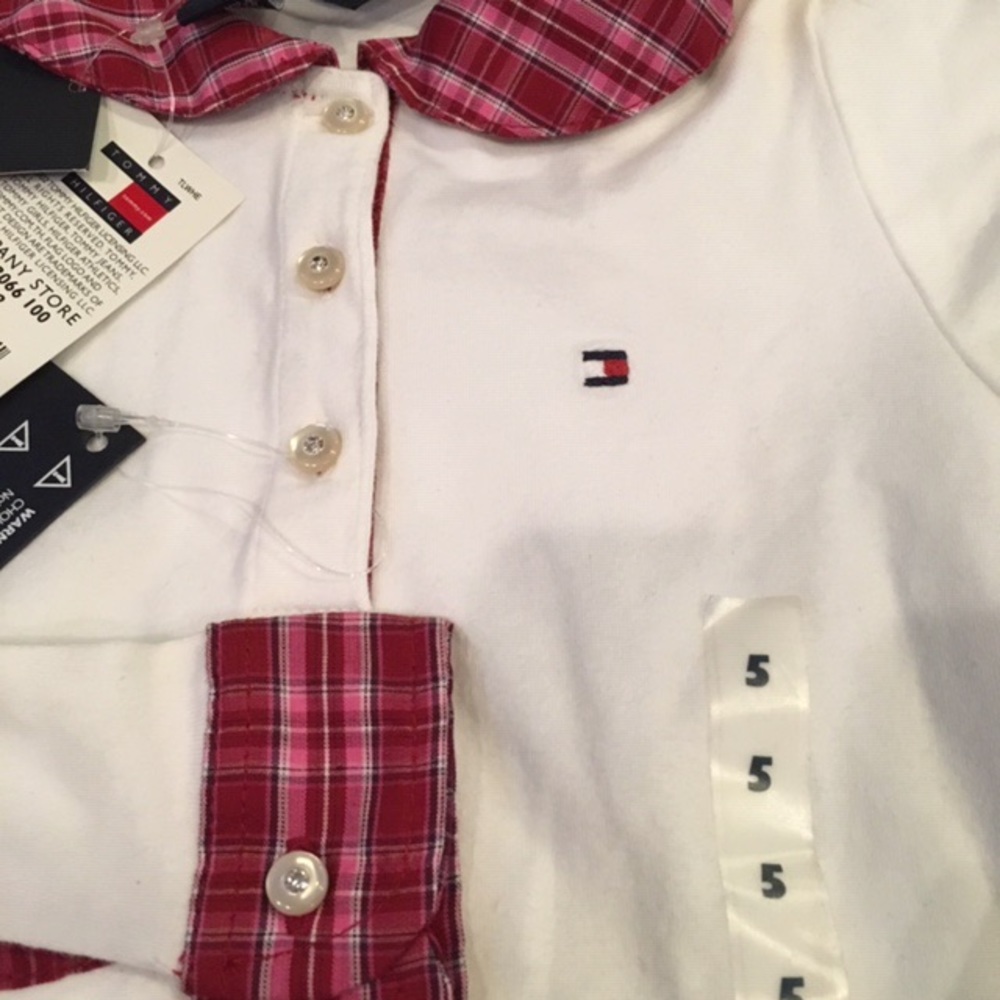 NWT Tommy Hilfiger Girls White Long Sleeve Polo Plaid Trim S 5 🏷️✨ - Picture 2 of 3